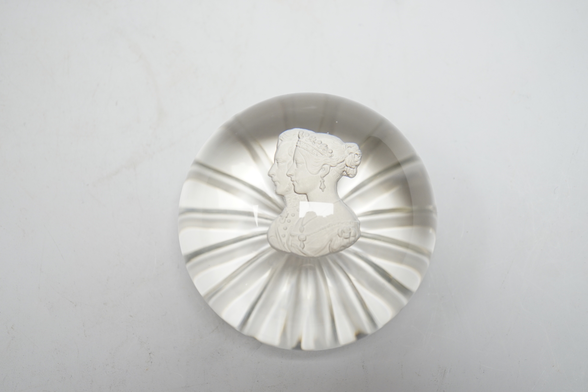 A Clichy Victoria and Albert sulphide portrait paperweight, star cot base, 8 cm